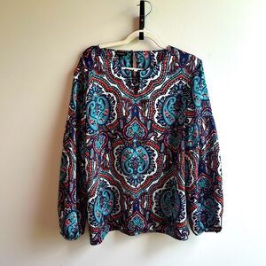 Talbots Paisley Tunic Blouse with Ruffled Sleeves and Keyhole Neckline XL